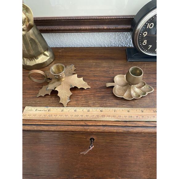 Vintage Solid Brass Candle Holder Set Fall Leaves Brass Candle Stick Holders MCM - Picture 5 of 6